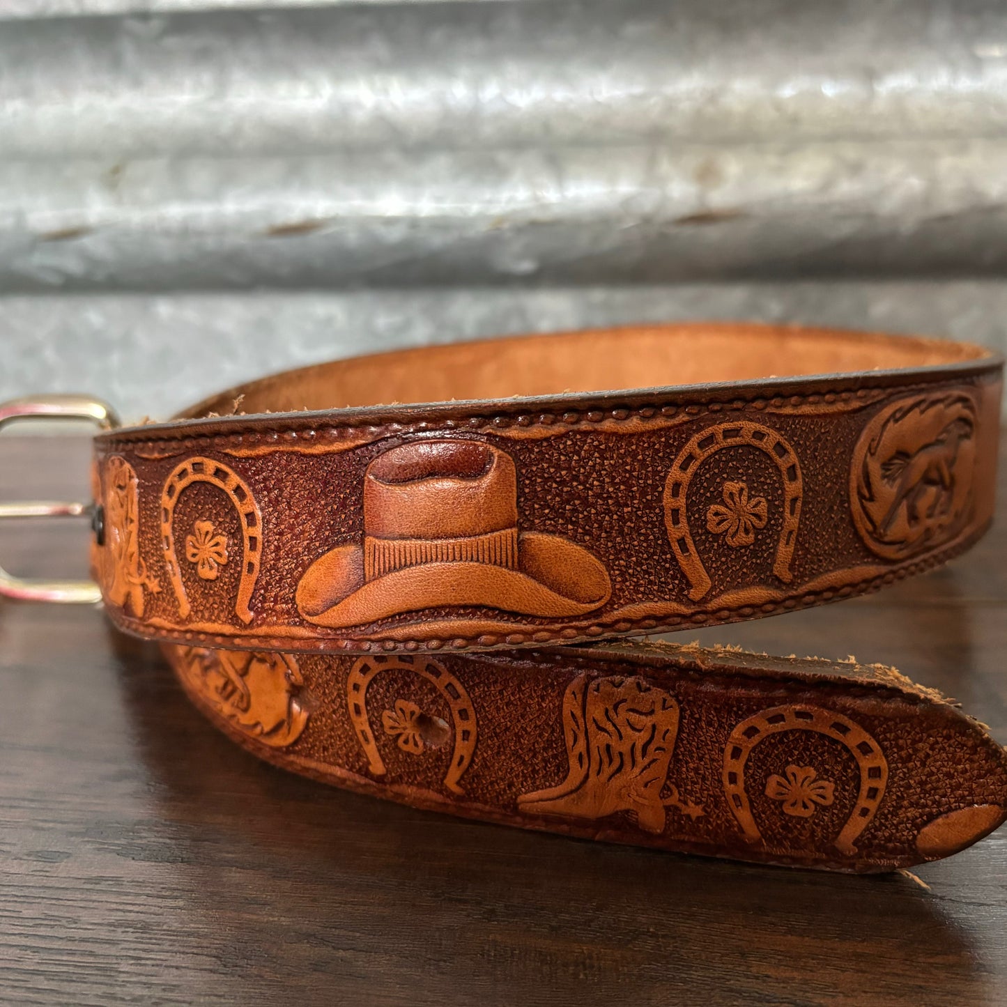 Vintage Western “Garrett” Stamped Full Grain Cowhide Belt