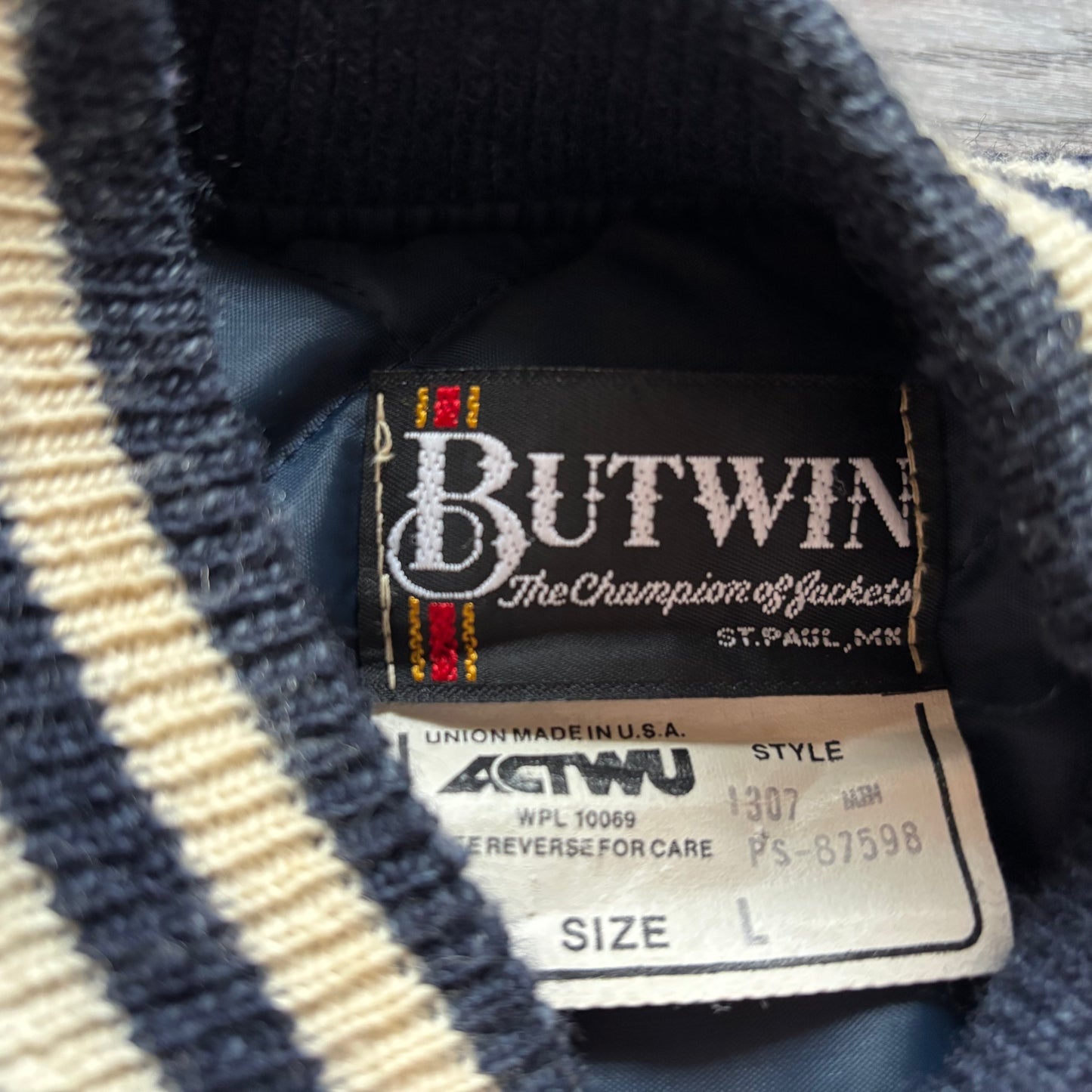 Vintage Men’s Butwin Nylon Bomber Jacket “Whitey” front Communications Workers of America Local 4101 Bay City, MI | Made in USA-Union Made