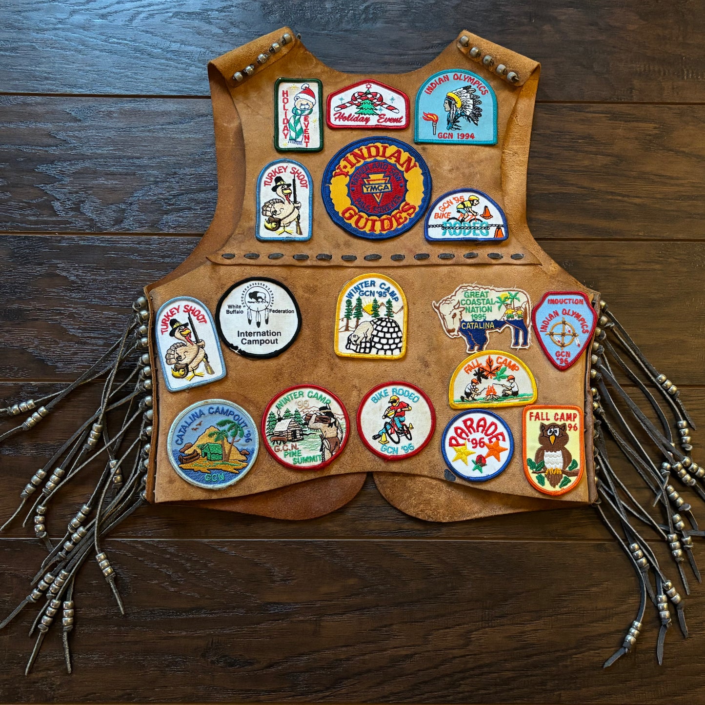 90’s Vintage Suede Kids YMCA Indian Guides with Participation and Achievement Patches