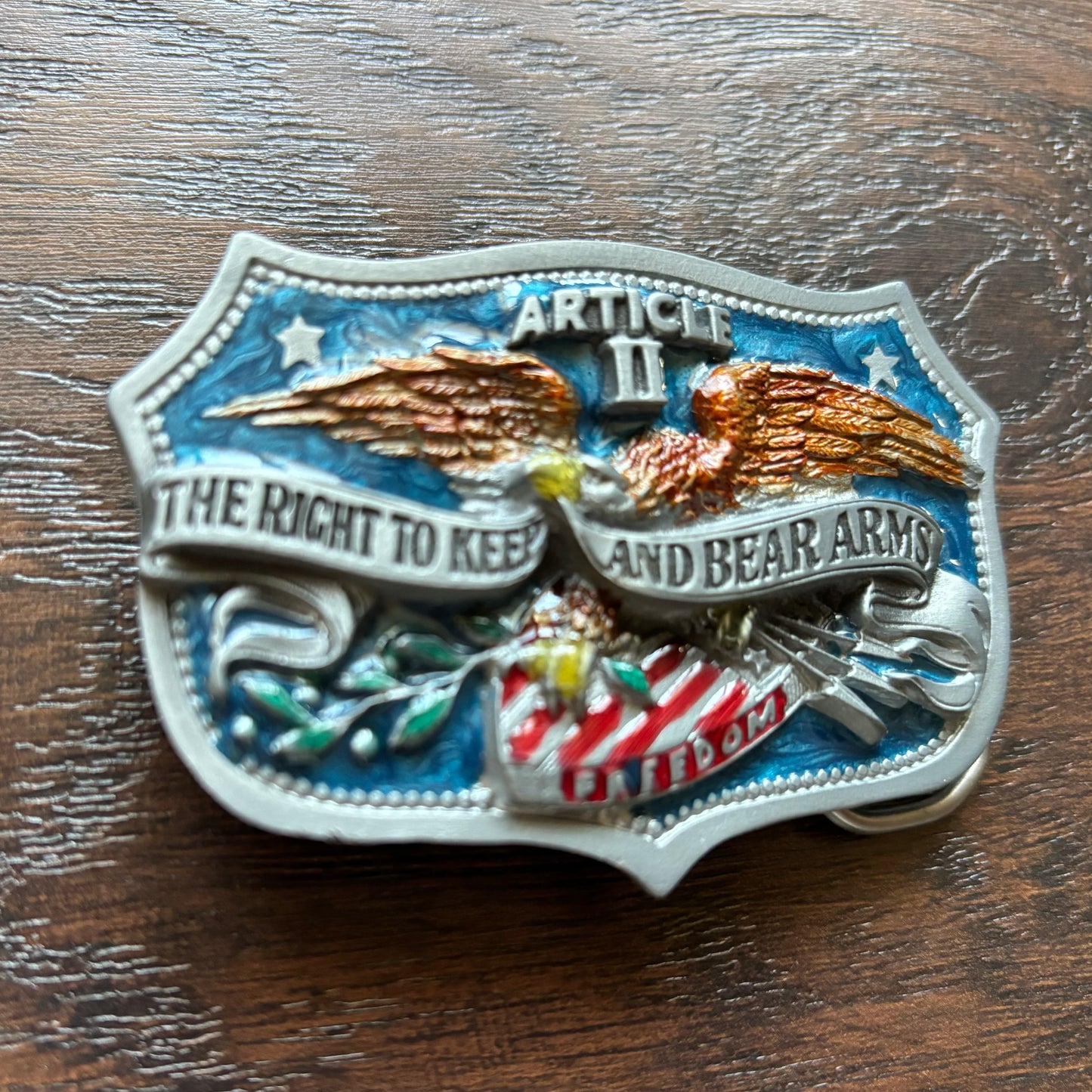 1982 Vintage Article II The Right To Keep and Bear Arms Belt Buckle | The Great American Buckle Co.