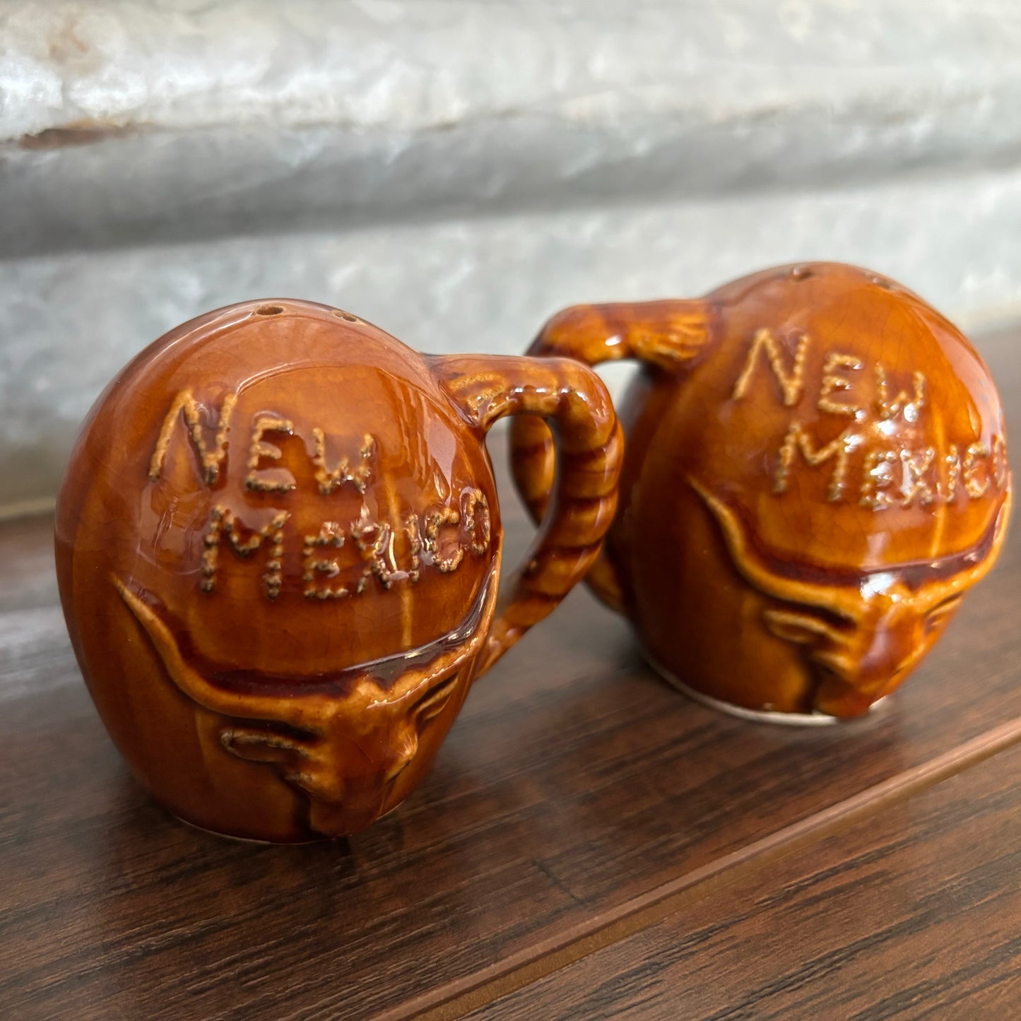 Vintage Golden Aspen Thriftco New Mexico Salt and Pepper Shakers with Indian Chief and Bull Made in Japan