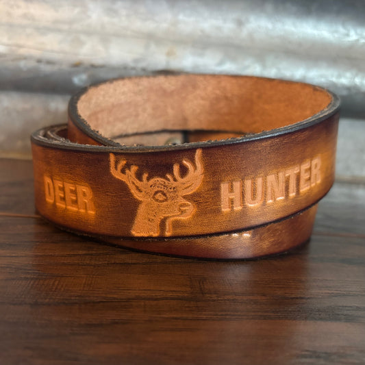 1970’s Vintage Hand Tooled Leather Belt “Deer Hunter” | Unfinished/Uncut