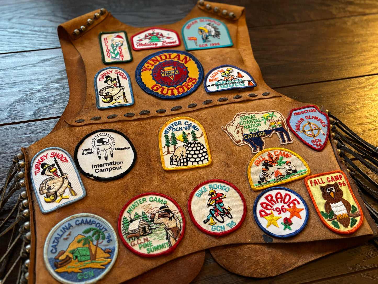 90’s Vintage Suede Kids YMCA Indian Guides with Participation and Achievement Patches