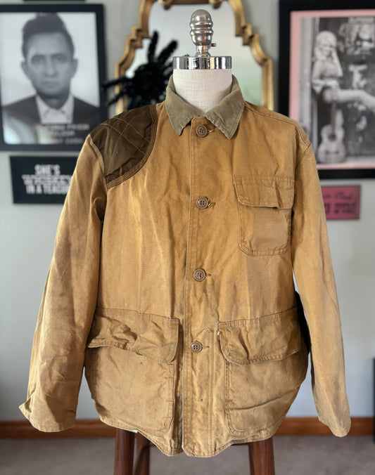 Vintage 1960s American Field Hunting Jacket Canvas Duck Shooting Coat Corduroy Collar Quilted Shoulder Outdoors Workwear