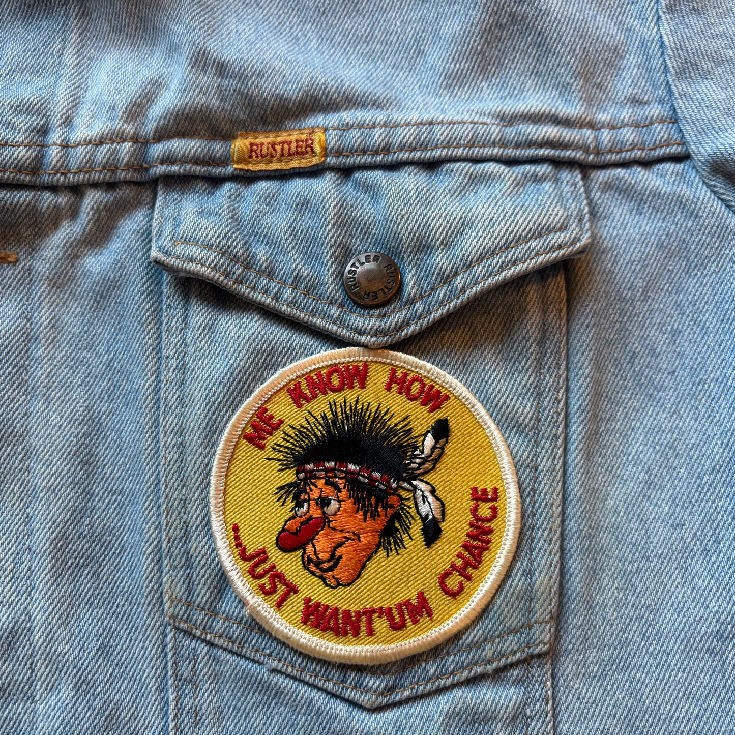 Vintage Western Rustler Denim Trucker Jacket with Vintage Patch | Made in USA