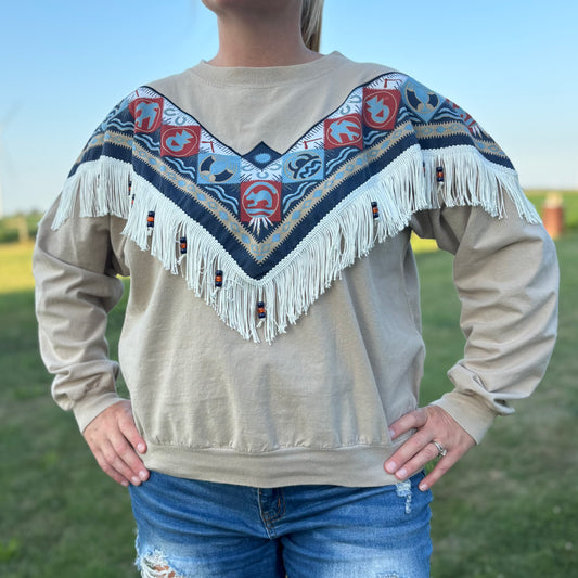 80’s/90’s Vintage Western Women’s Bandana Print Quitman Long Sleeve Tee with Beads and Fringe