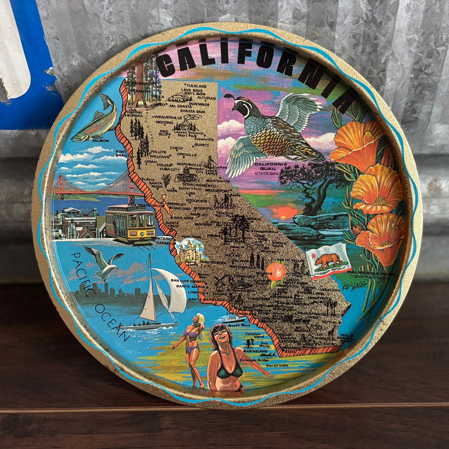 Vintage California Round Souvenir Tin Tray