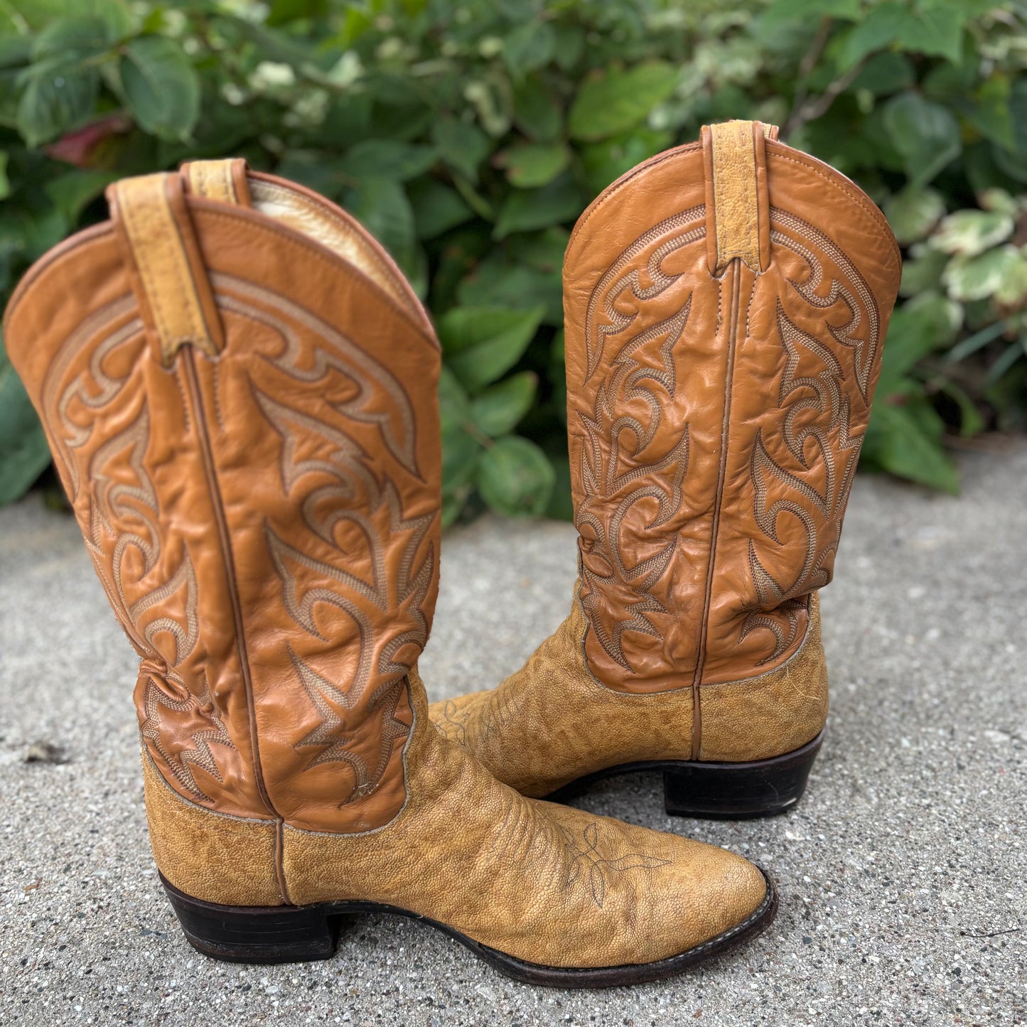 Vintage Larry Mahan Exotic Leather Cowboy Boots – Tan & Caramel – Made in Texas