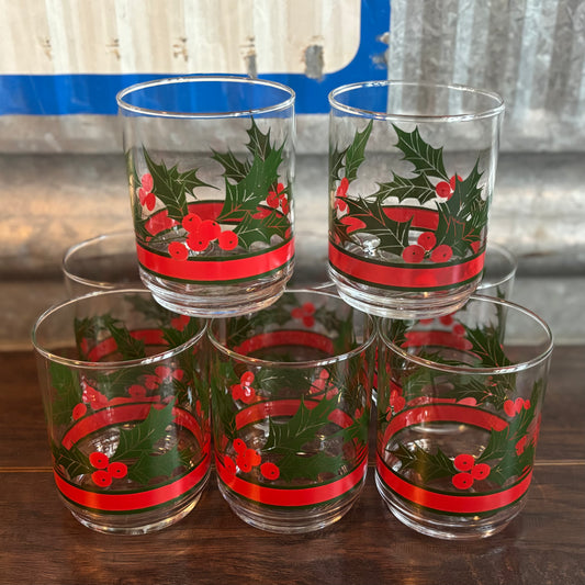 Vintage Libbey Holly Berries Low Ball Glassware | Set of 8