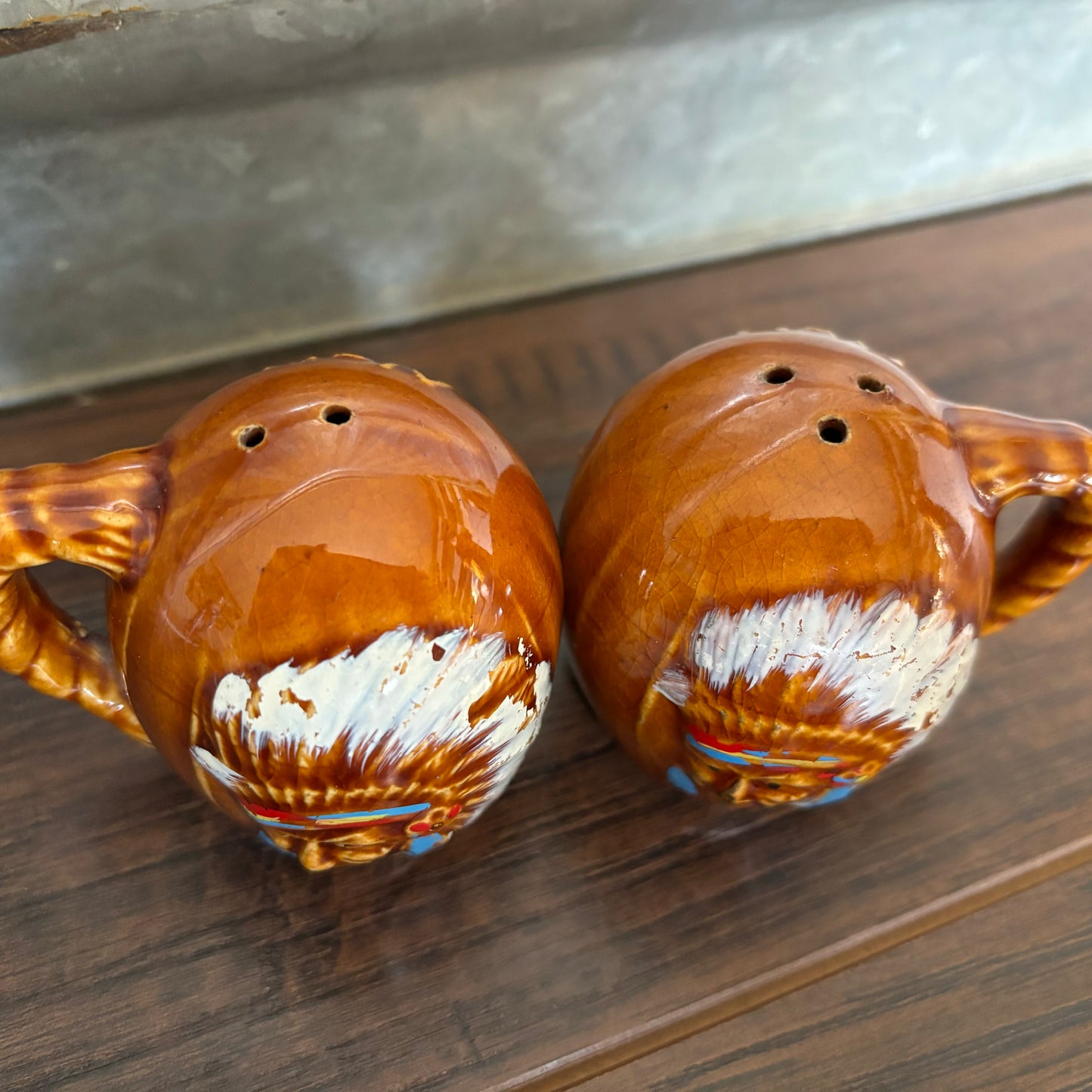 Vintage Golden Aspen Thriftco New Mexico Salt and Pepper Shakers with Indian Chief and Bull Made in Japan