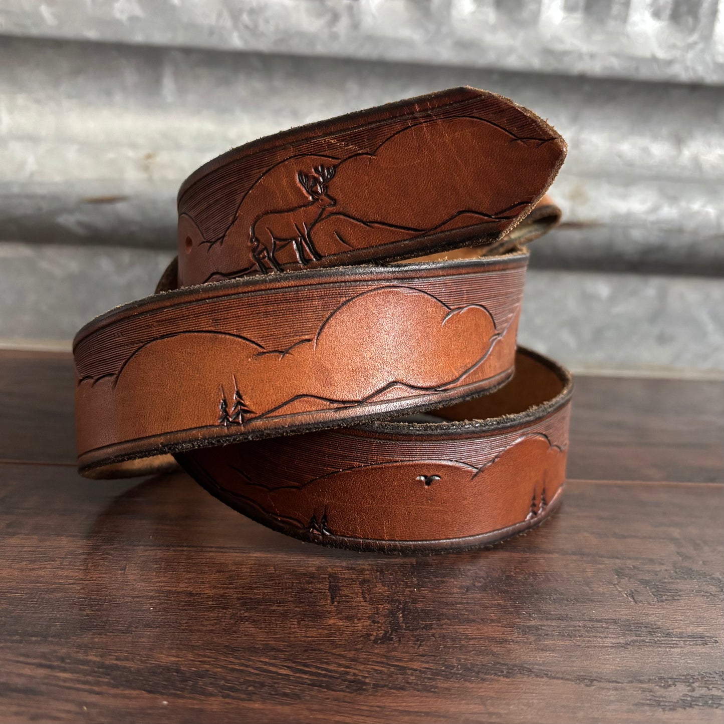Vintage Western Tooled Leather Belt with Deer