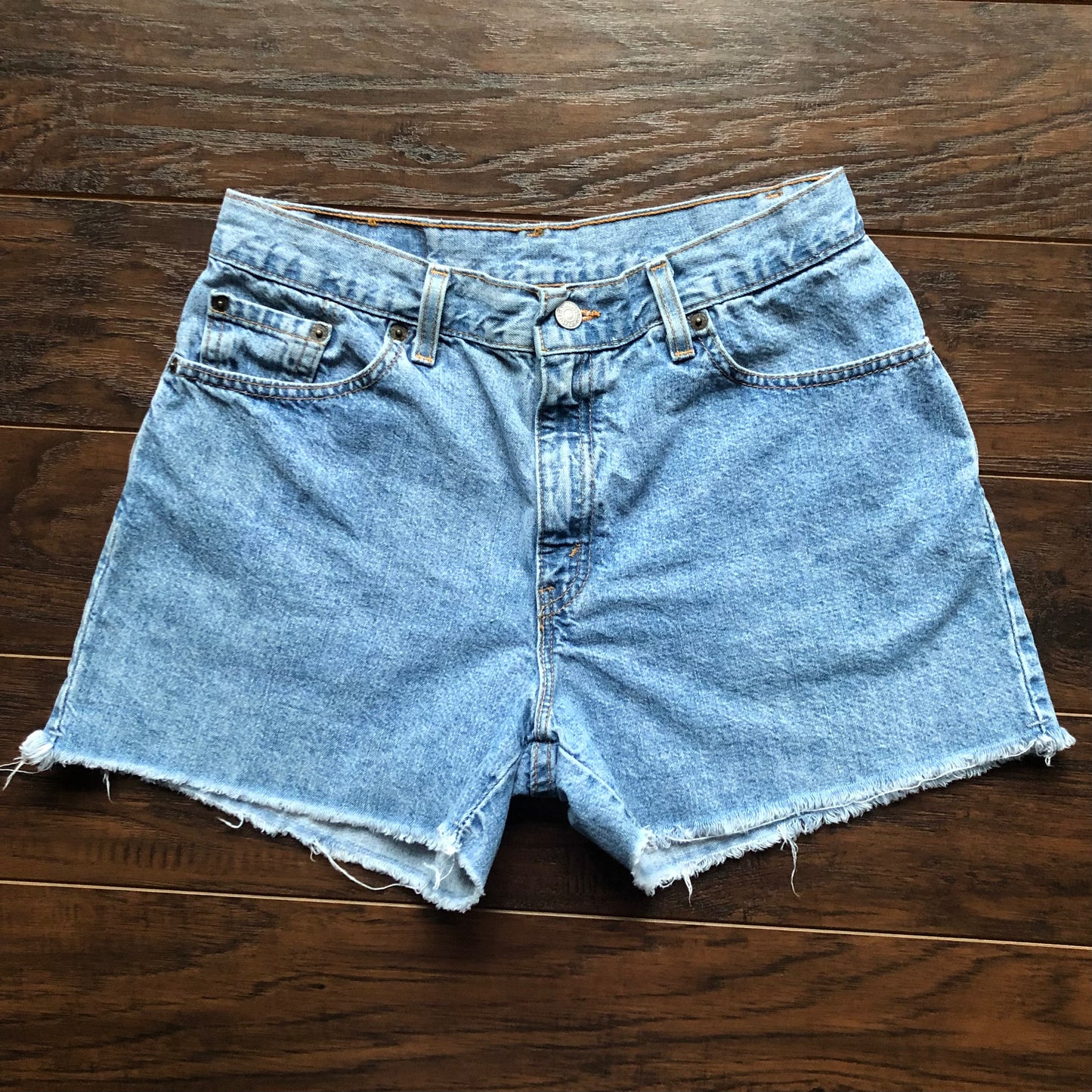 90's Vintage Levis Misses Denim Hand Embroidered Pockets Cutoff Shorts | Made in USA