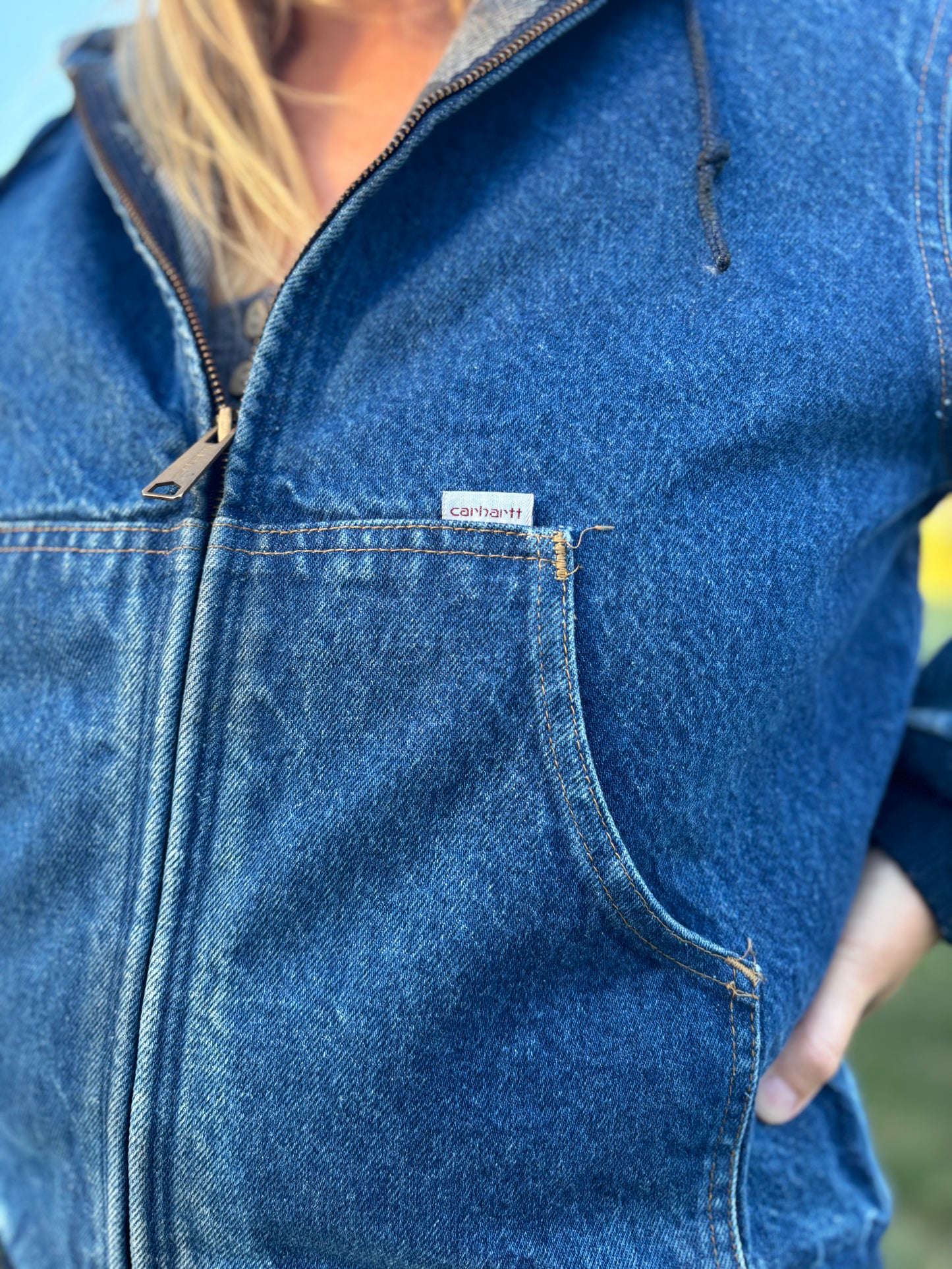 90’s Vintage Denim Carhartt Hooded Jacket with Carpenter Plaid Lining | Union Made