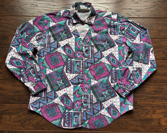 1993 Vintage Western Women’s Southwest Canyon Aztec Print Shirt with Peek A Boo Heart Neck | Made in Hong Kong