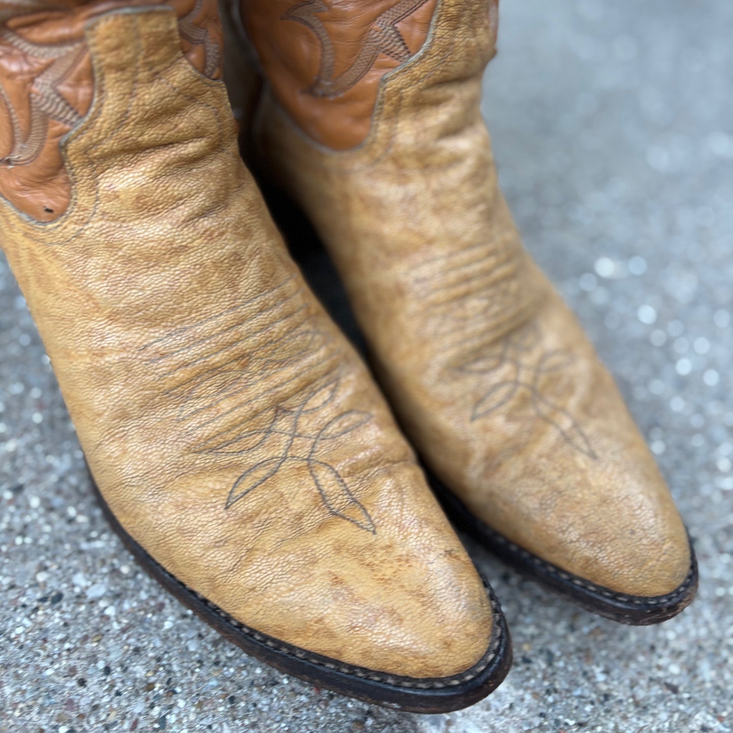 Vintage Larry Mahan Exotic Leather Cowboy Boots – Tan & Caramel – Made in Texas