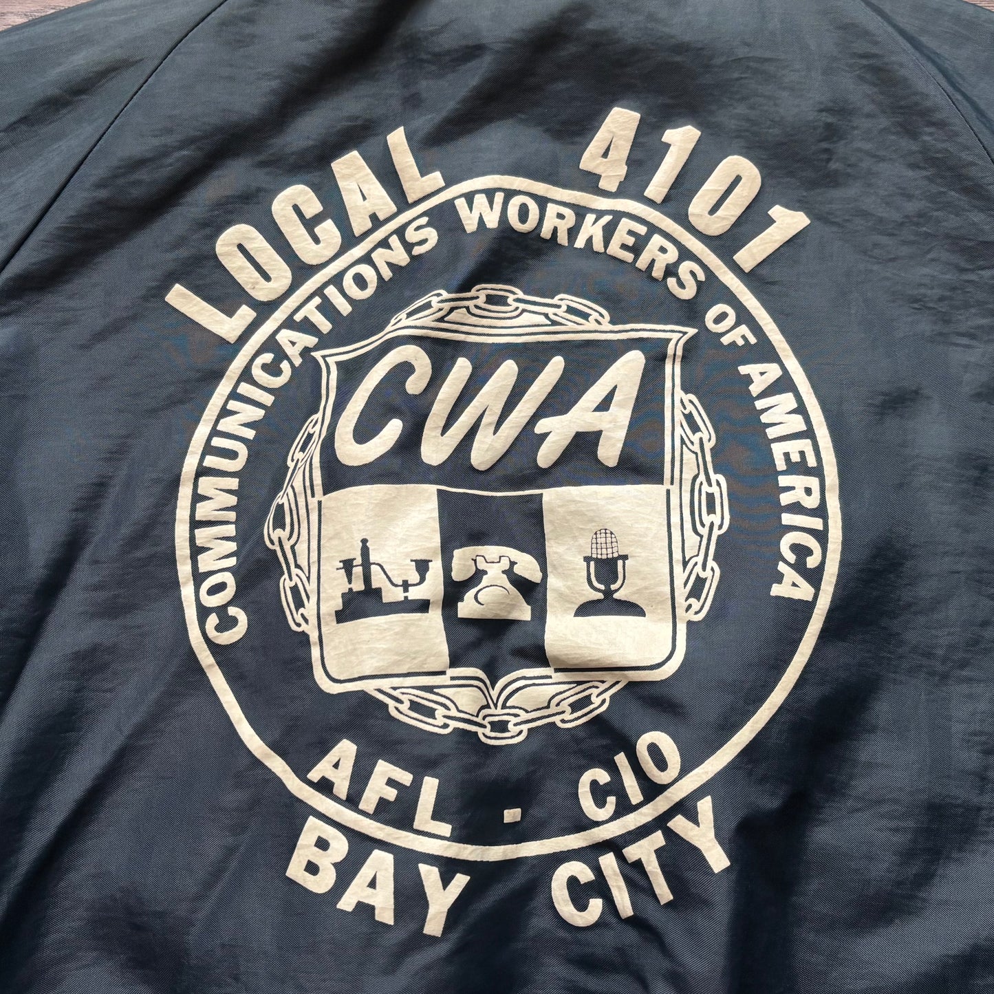 Vintage Men’s Butwin Nylon Bomber Jacket “Whitey” front Communications Workers of America Local 4101 Bay City, MI | Made in USA-Union Made