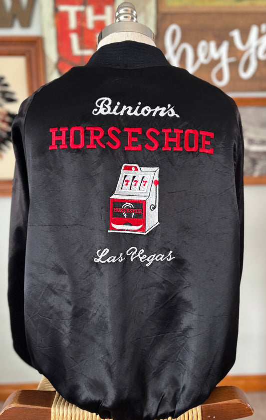 Vintage 80s/90s Las Vegas Horseshoe Casino Satin Bomber Jacket Embroidered Souvenir Black Zip Vegas Gambling