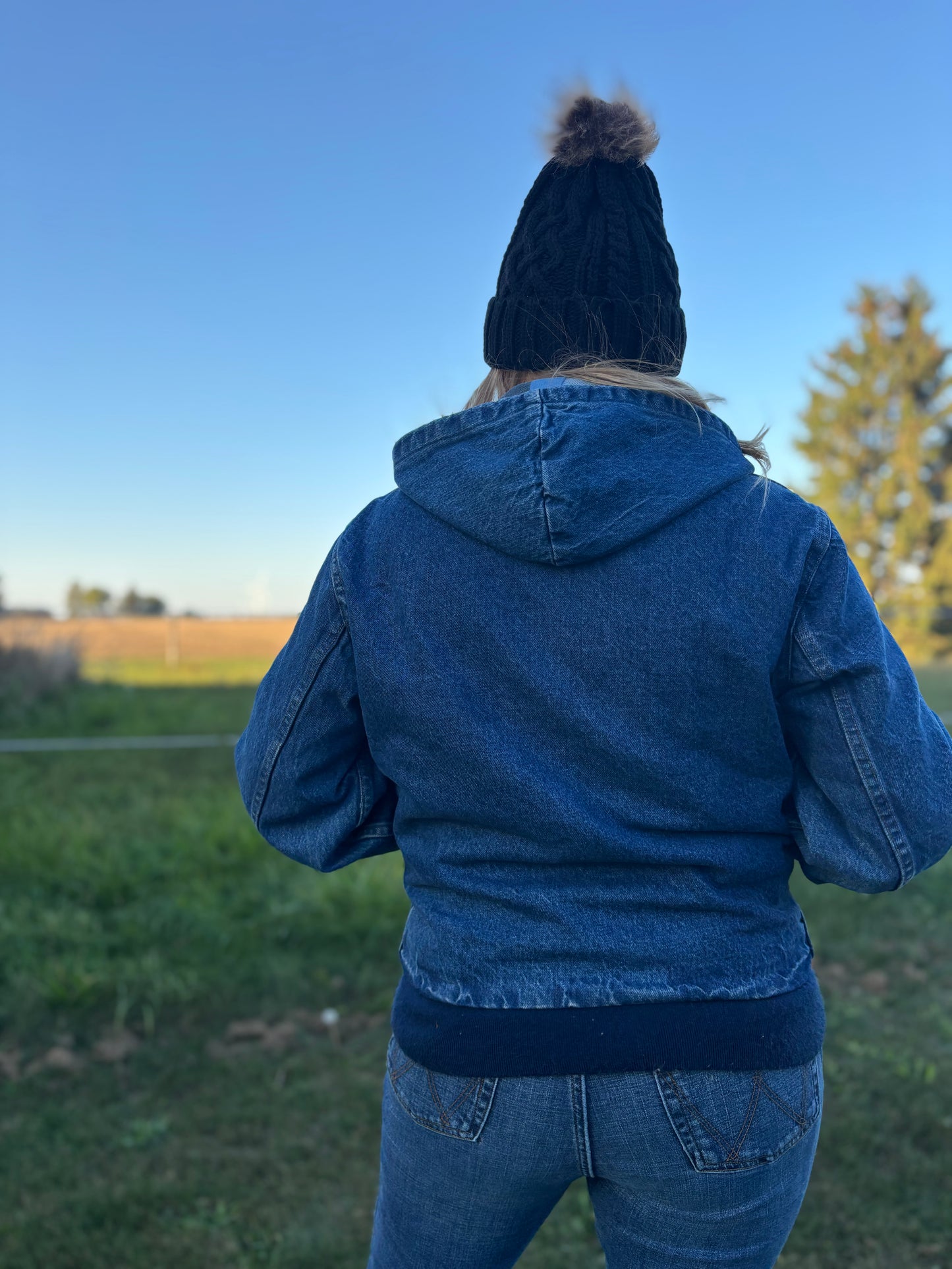 90’s Vintage Denim Carhartt Hooded Jacket with Carpenter Plaid Lining | Union Made