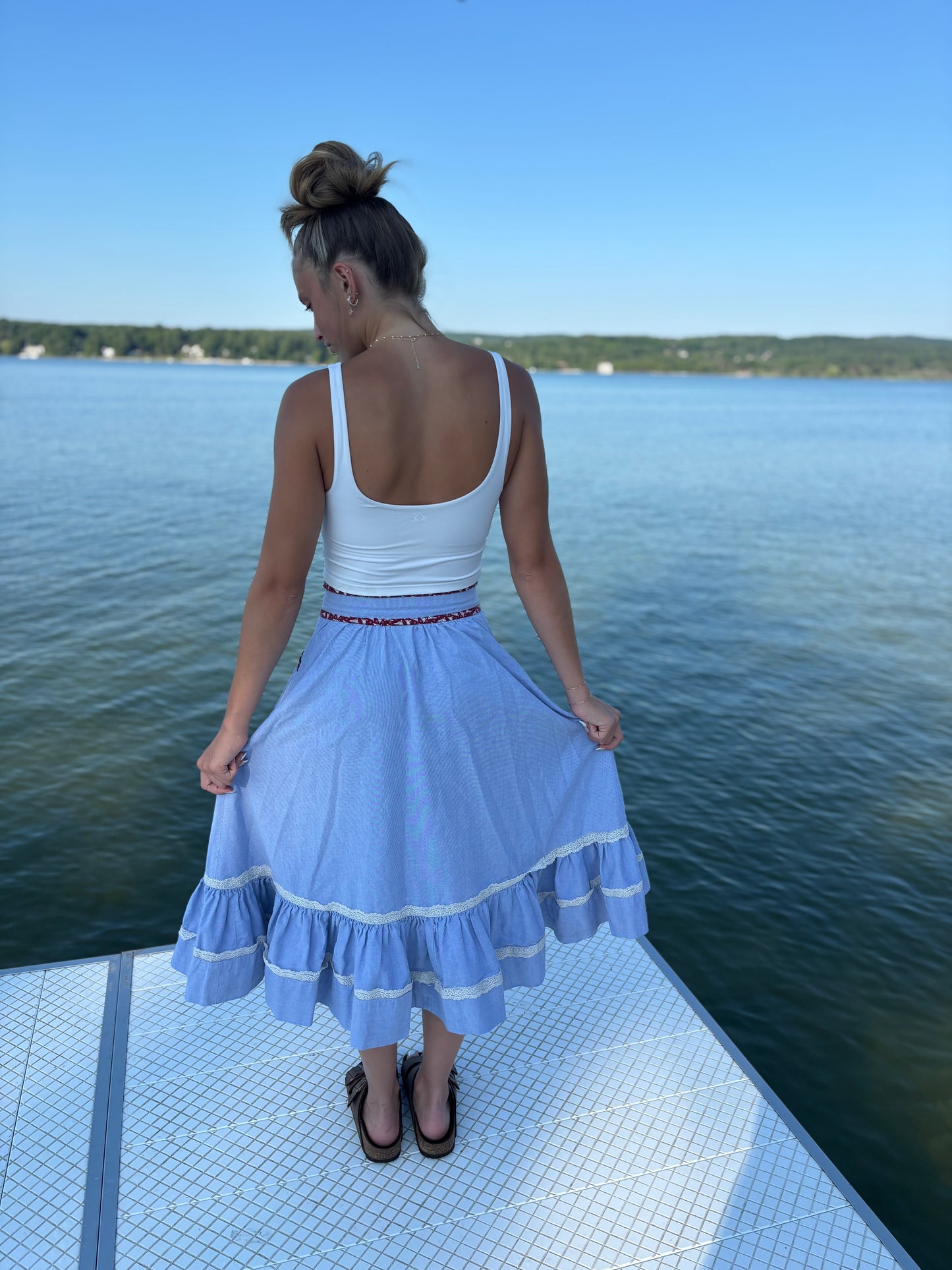 Vintage Western Women’s Homemade Chambray Skirt with with Duck Print Trim