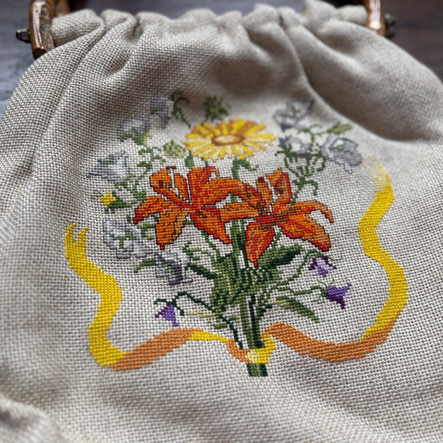 70’s Vintage Floral Embroidered Handbag with Bamboo Handles | Handmade
