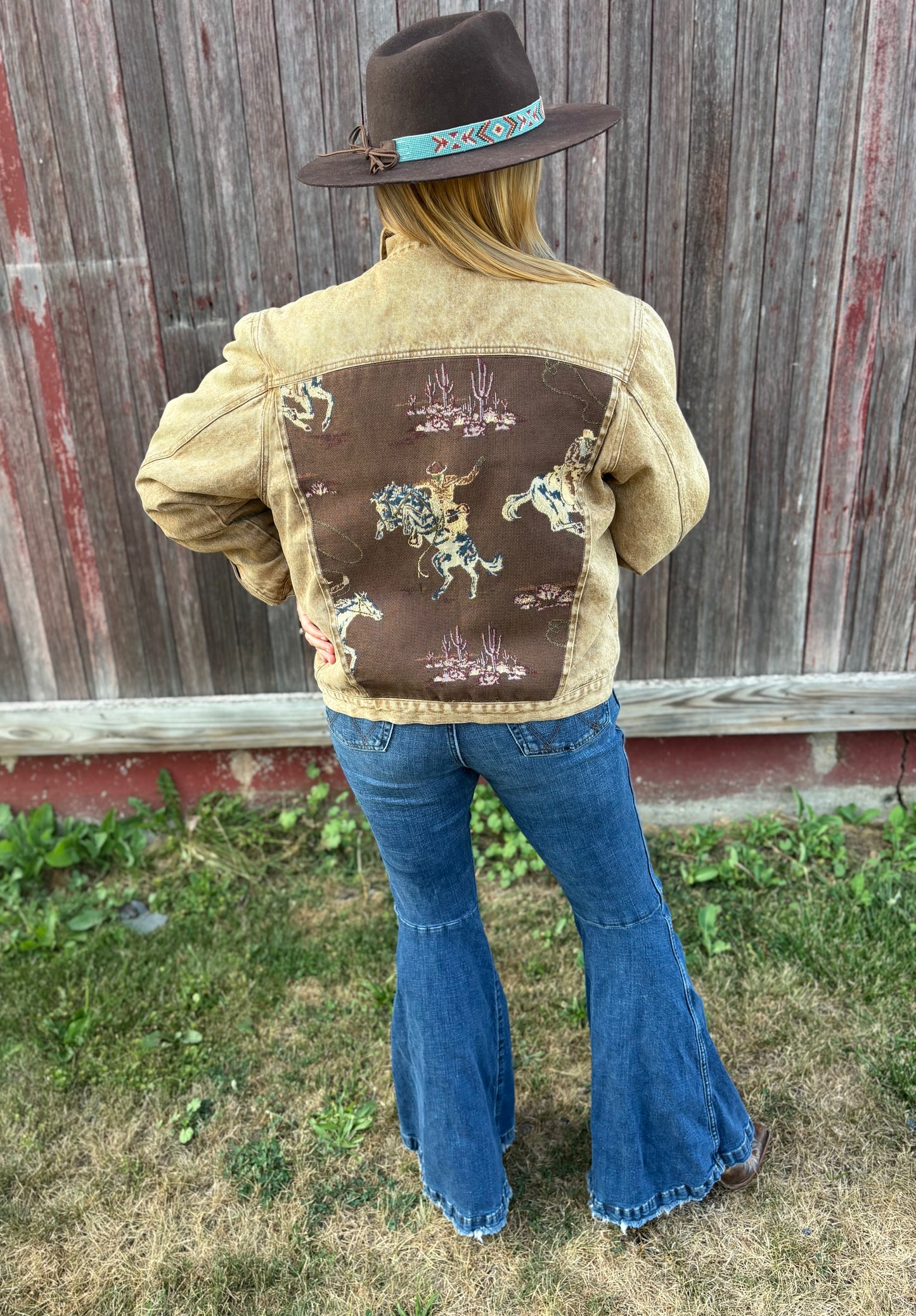 Vintage Western Kenny Roger American Wear Denim Jacket with Tapestry Cowboy and Horse Print | Made In Hong Hong-RARE
