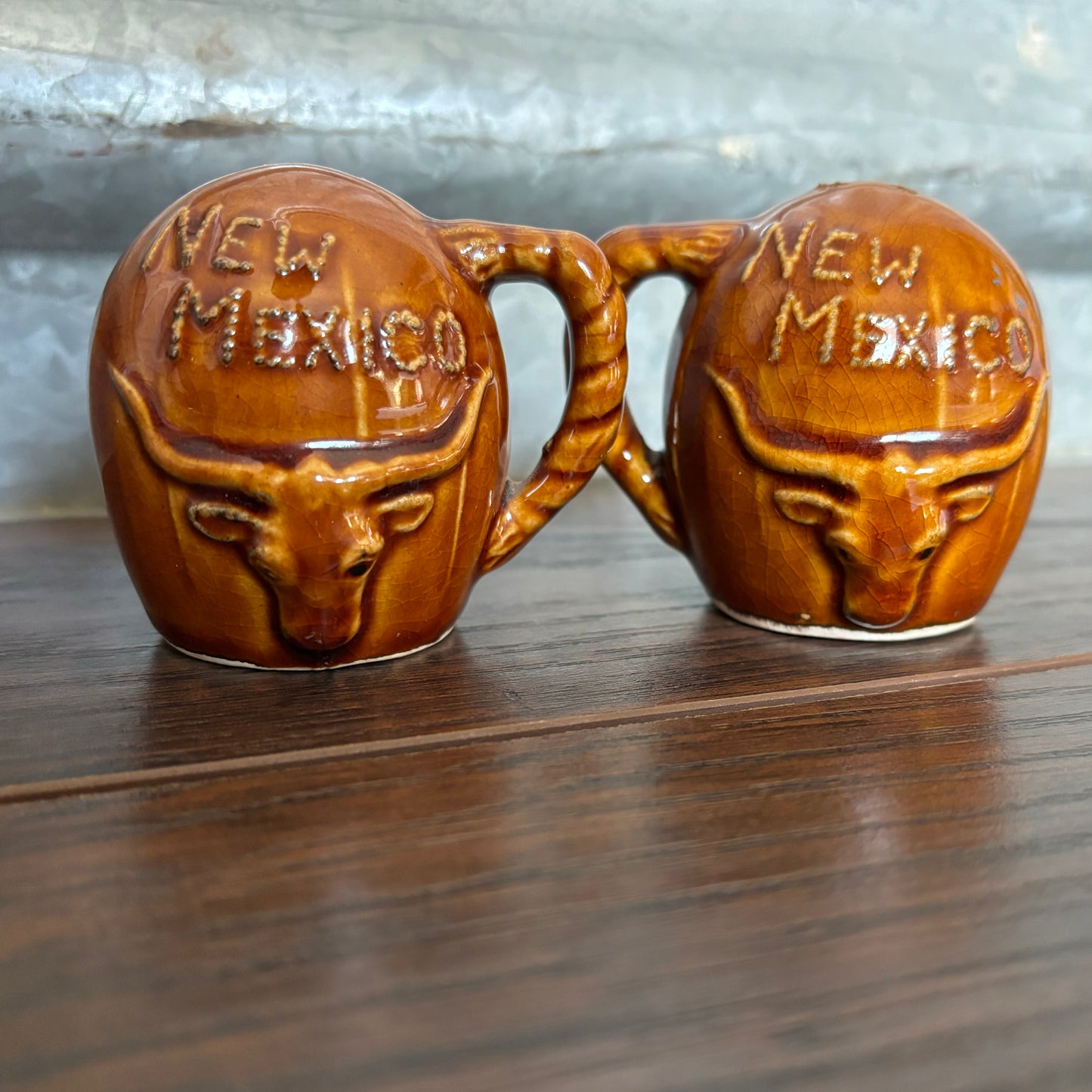 Vintage Golden Aspen Thriftco New Mexico Salt and Pepper Shakers with Indian Chief and Bull Made in Japan