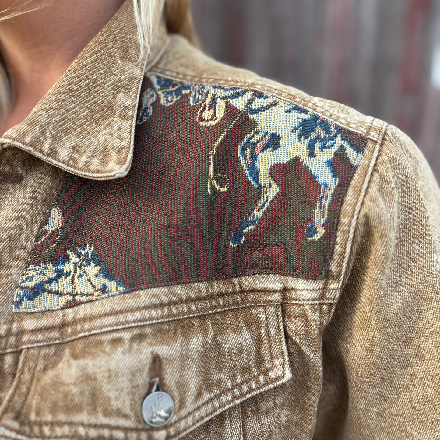 Vintage Western Kenny Roger American Wear Denim Jacket with Tapestry Cowboy and Horse Print | Made In Hong Hong-RARE