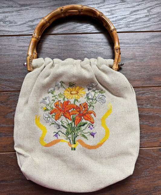 70’s Vintage Floral Embroidered Handbag with Bamboo Handles | Handmade