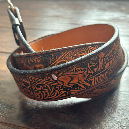 Vintage Western Tooled Leather Belt with White Tail Deer