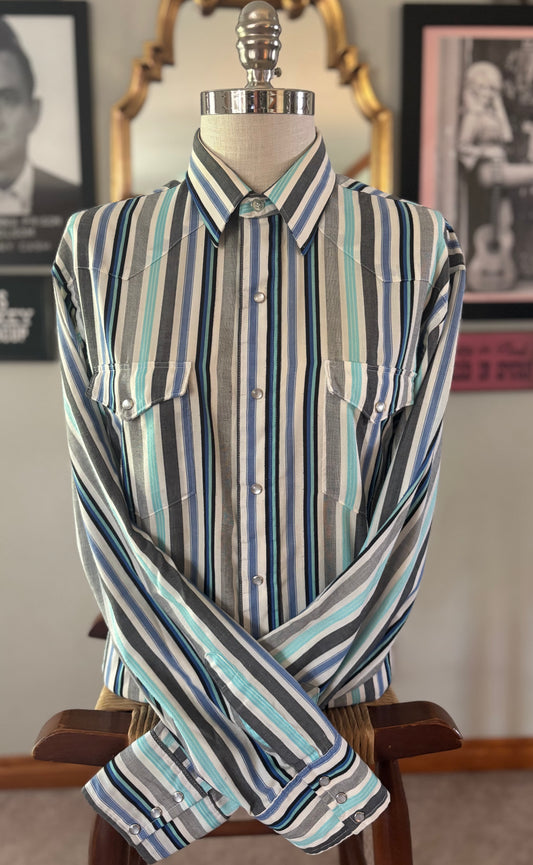 Vintage Wrangler Cowboy Cut Pearl Snap Western Shirt Made in USA Blue Gray Turquoise Striped Long Sleeve Men’s 15.5 x 35