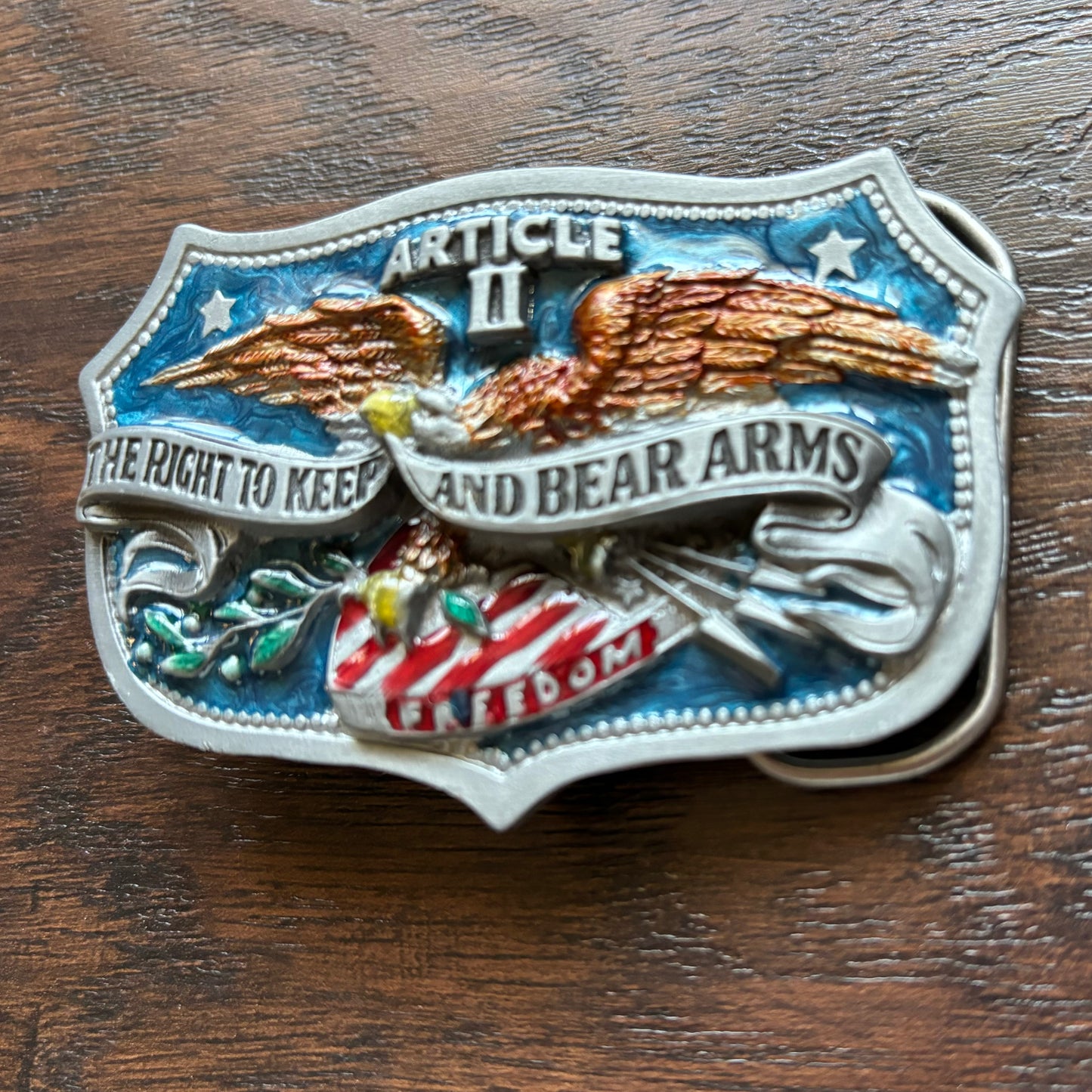 1982 Vintage Article II The Right To Keep and Bear Arms Belt Buckle | The Great American Buckle Co.