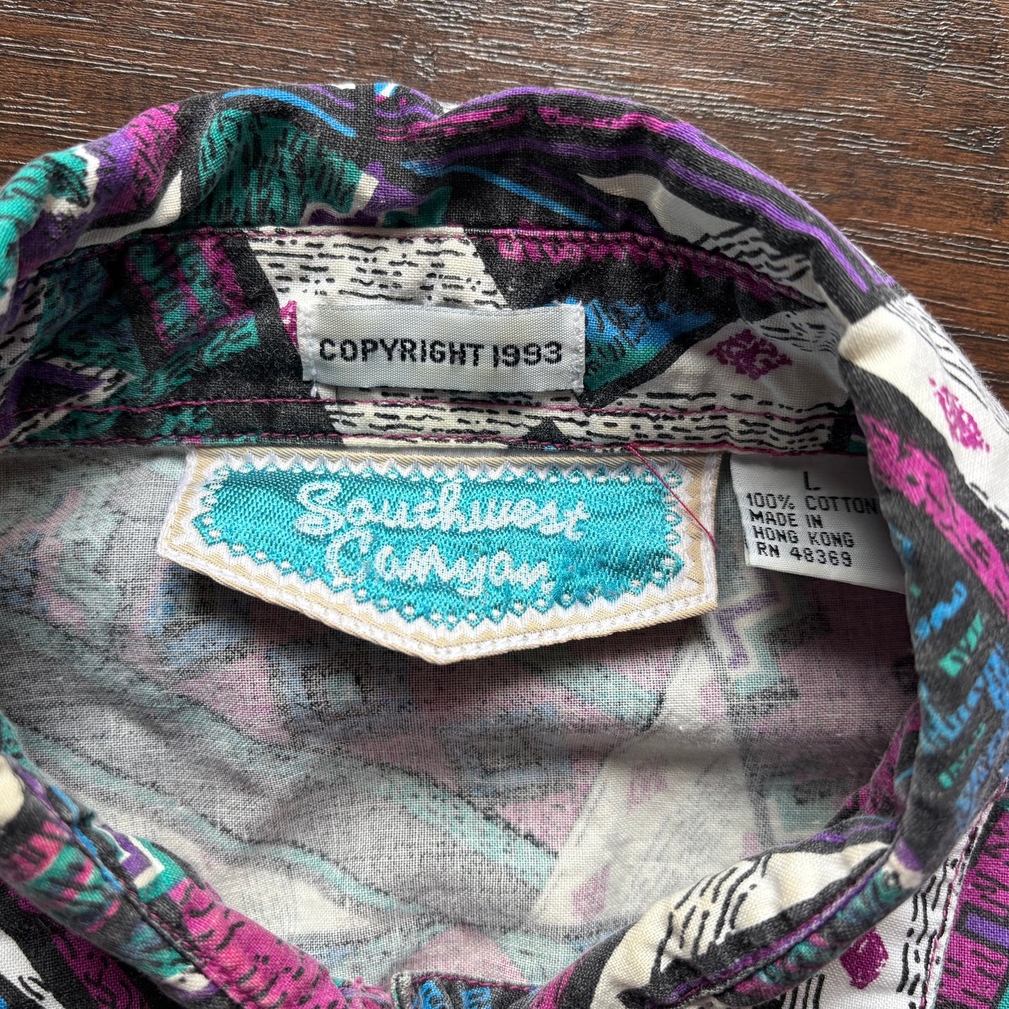 1993 Vintage Western Women’s Southwest Canyon Aztec Print Shirt with Peek A Boo Heart Neck | Made in Hong Kong