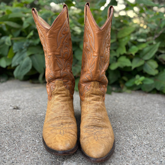 Vintage Larry Mahan Exotic Leather Cowboy Boots – Tan & Caramel – Made in Texas