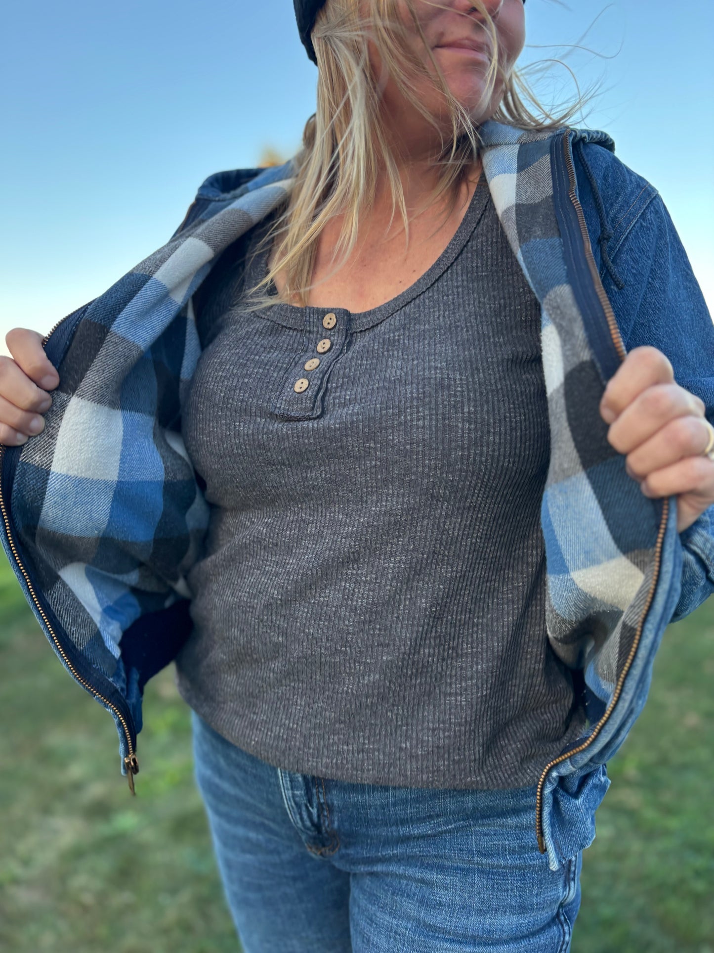 90’s Vintage Denim Carhartt Hooded Jacket with Carpenter Plaid Lining | Union Made