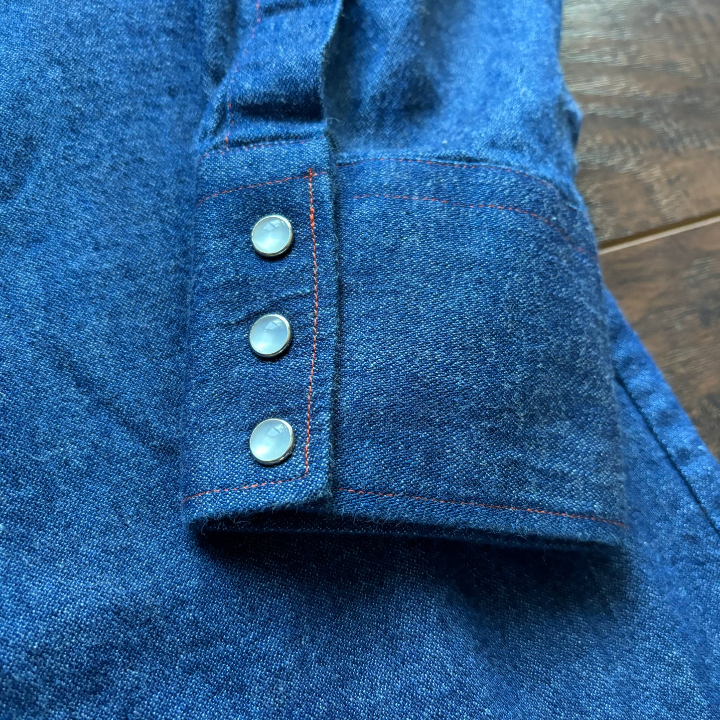 70’s Vintage Western Men’s Miller Western Wear Snap Button Chambray Shirt With Orange Stitching | Deadstock