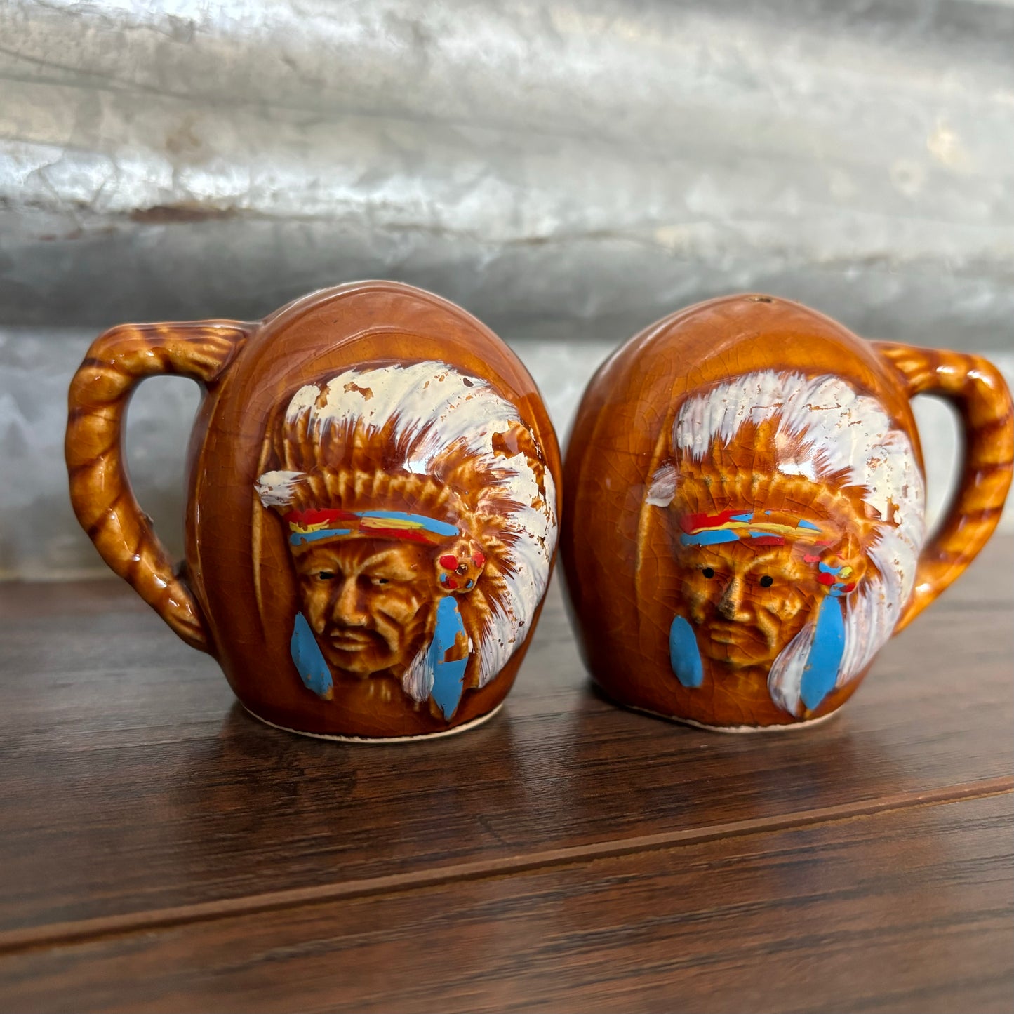 Vintage Golden Aspen Thriftco New Mexico Salt and Pepper Shakers with Indian Chief and Bull Made in Japan