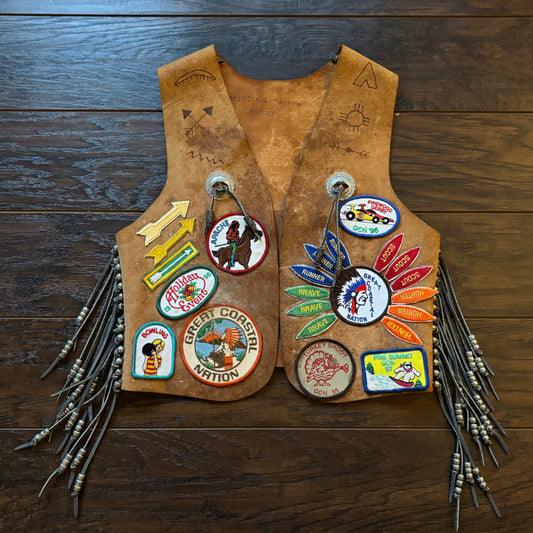 90’s Vintage Suede Kids YMCA Indian Guides with Participation and Achievement Patches