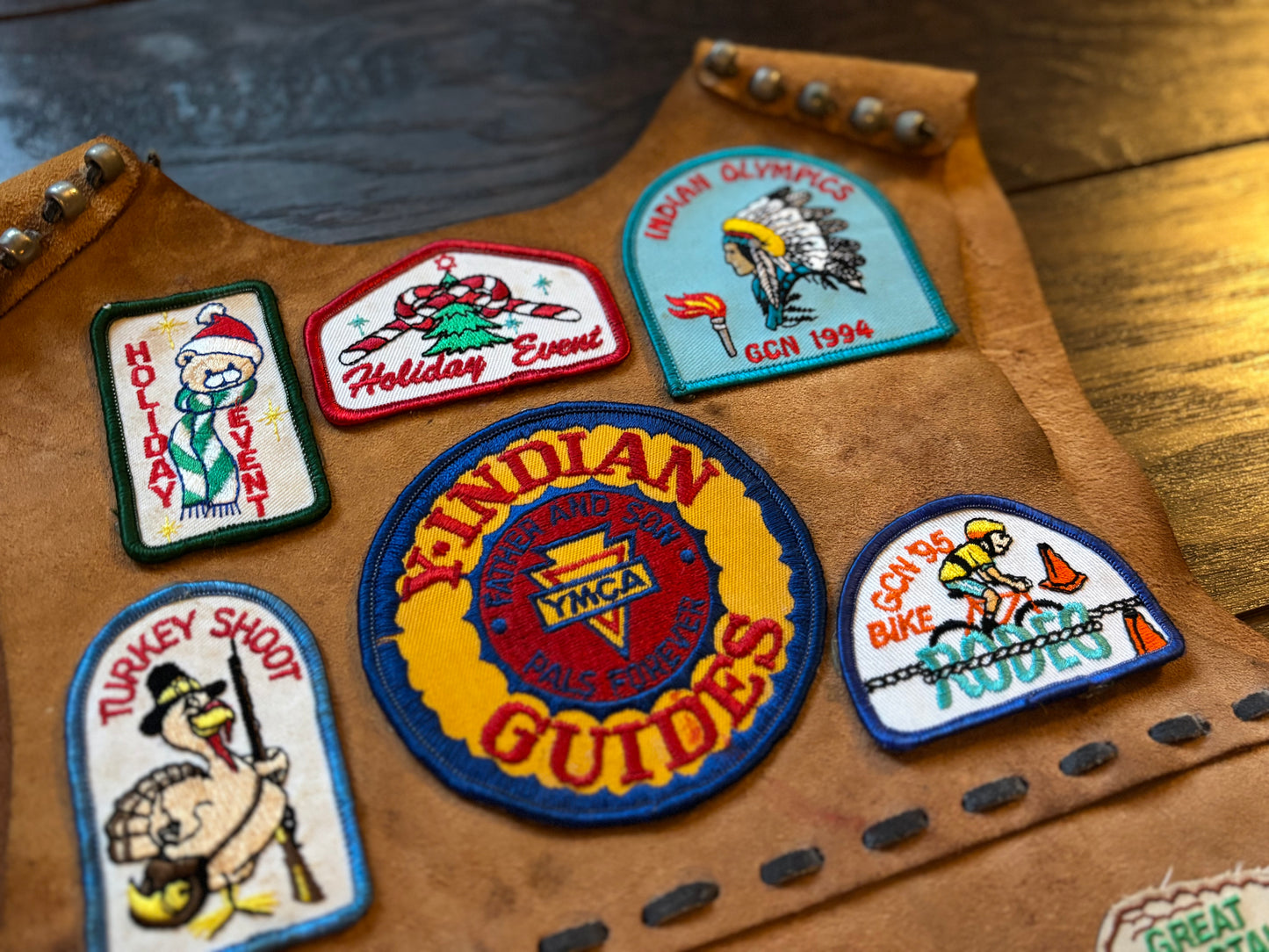 90’s Vintage Suede Kids YMCA Indian Guides with Participation and Achievement Patches