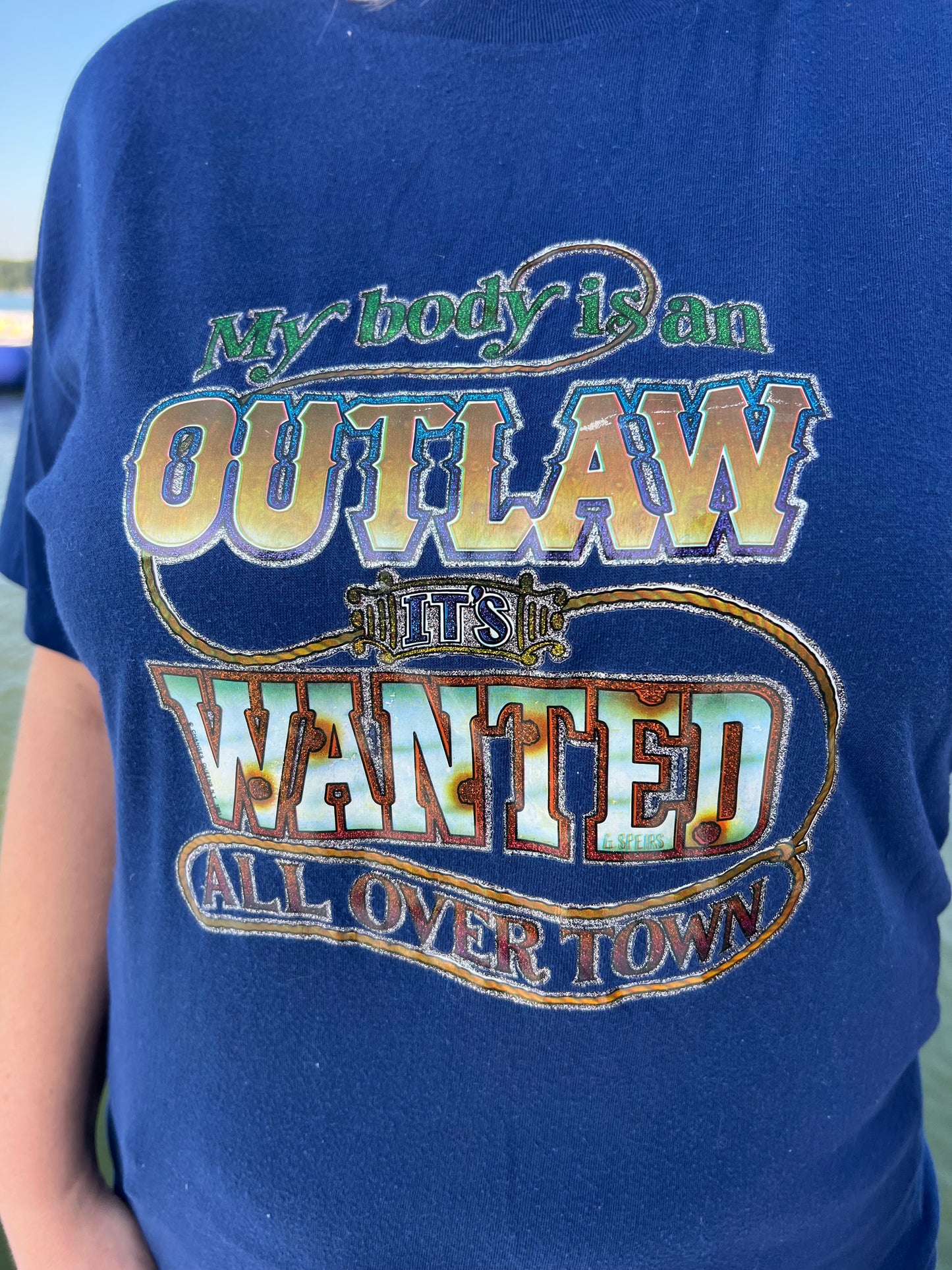 80’s Vintage Western “My body is an Outlaw It’s wanted all over Town” Glitter Iron On | Made in USA