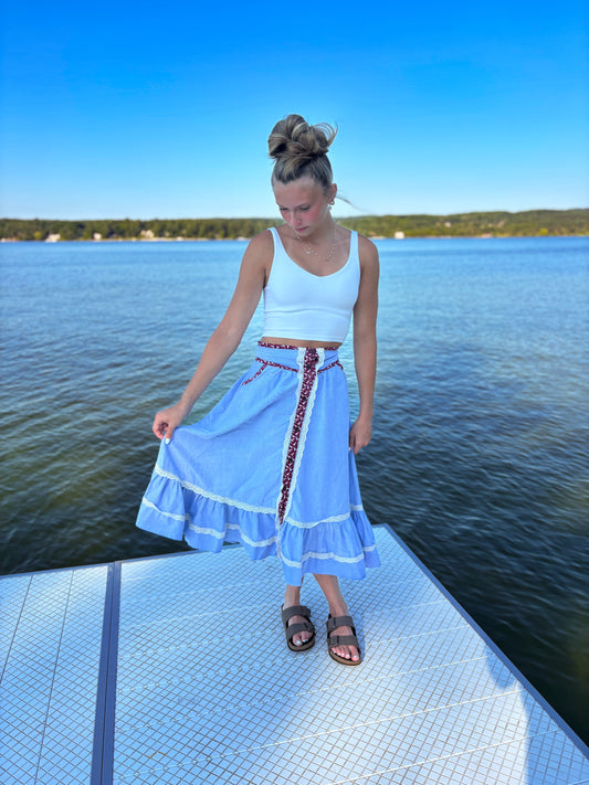 Vintage Western Women’s Homemade Chambray Skirt with with Duck Print Trim
