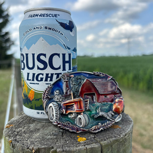 1981 Vintage Western Bergamot Brass Works 3D Farm Scene Belt Buckle with Enamel Resin | Made in USA