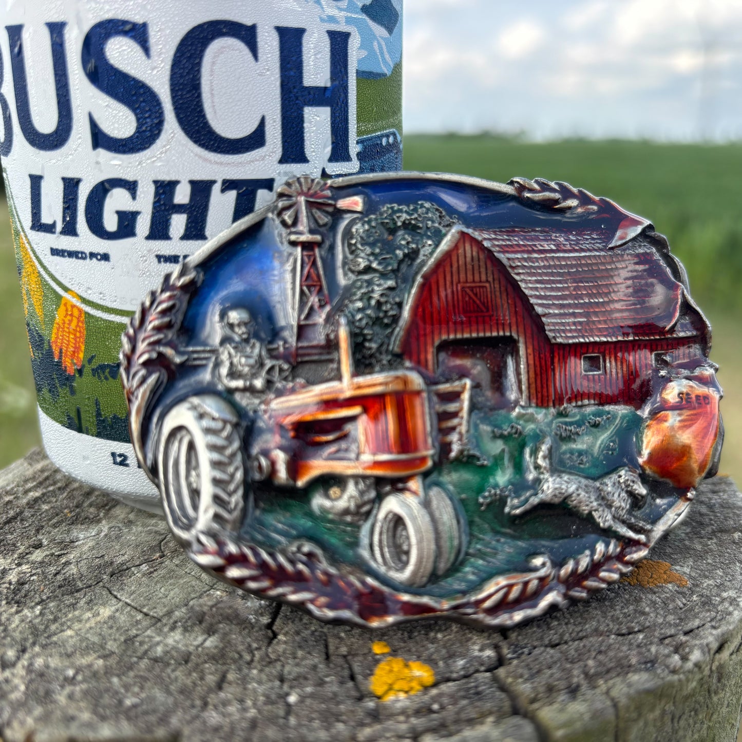 1981 Vintage Western Bergamot Brass Works 3D Farm Scene Belt Buckle with Enamel Resin | Made in USA