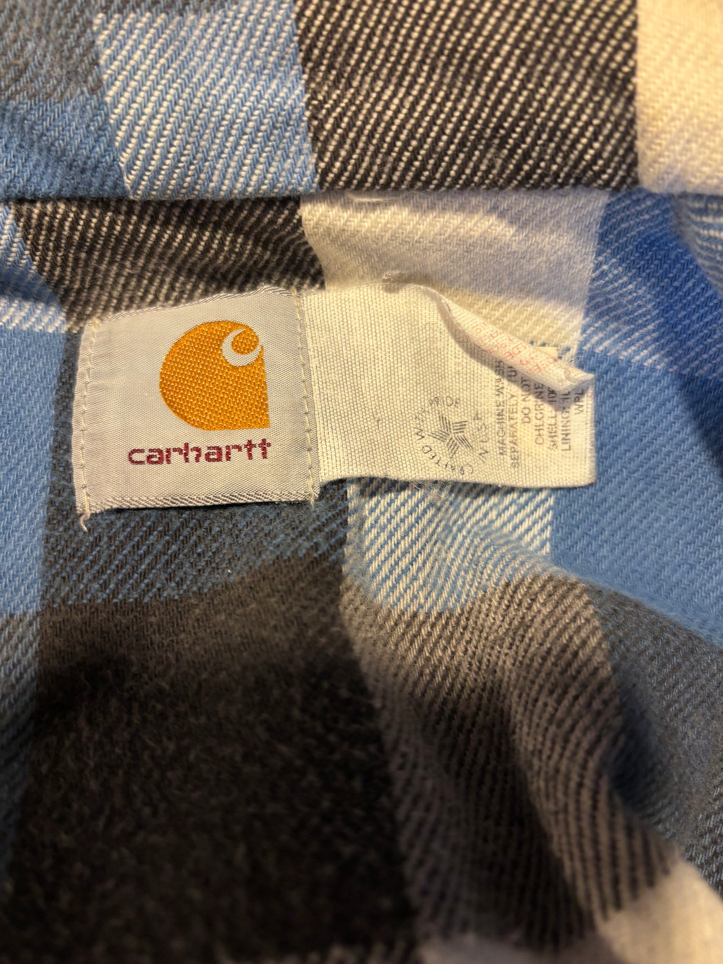 90’s Vintage Denim Carhartt Hooded Jacket with Carpenter Plaid Lining | Union Made