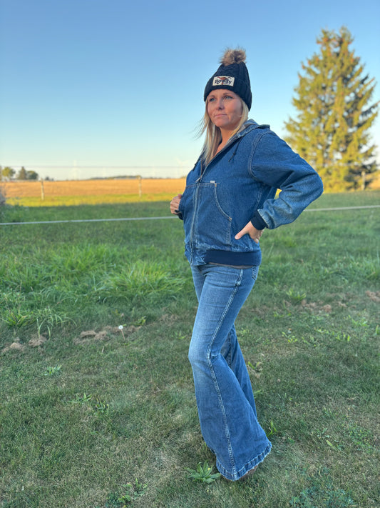 90’s Vintage Denim Carhartt Hooded Jacket with Carpenter Plaid Lining | Union Made