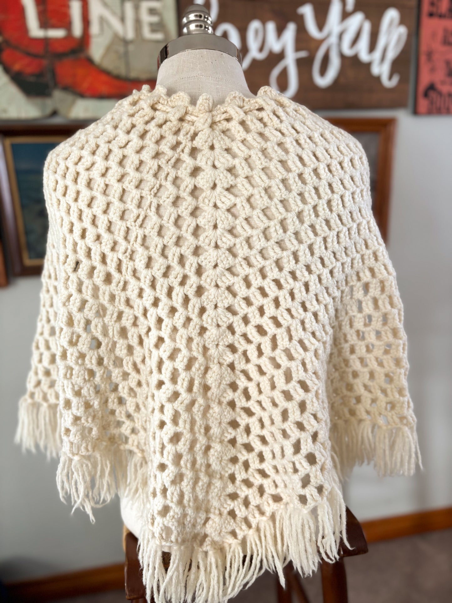 Vintage Handmade Off White Crocheted Cape Poncho