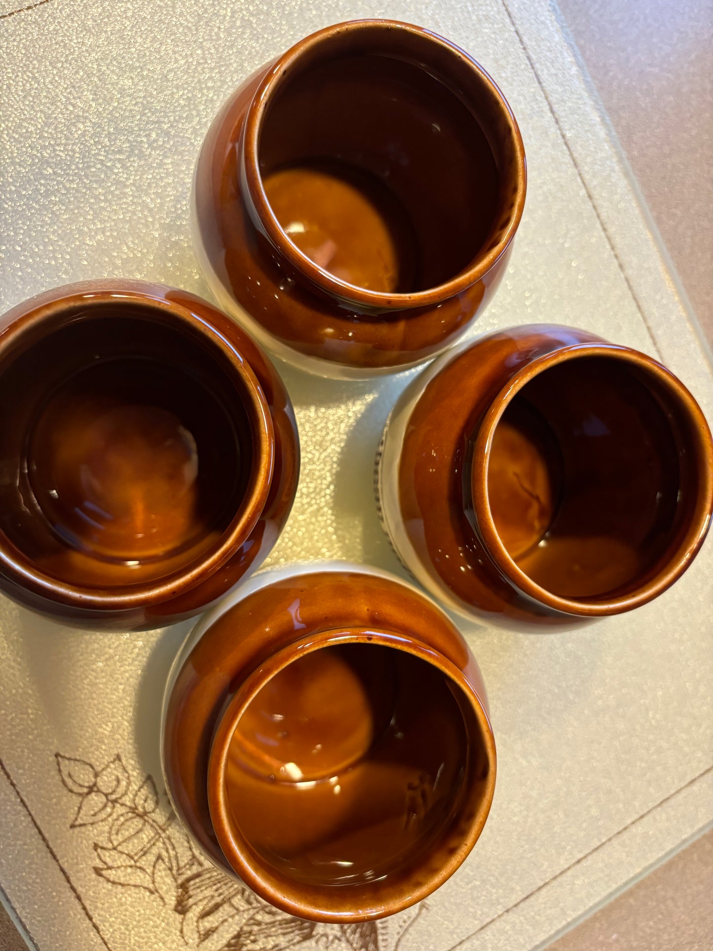 Vintage Brown & Tan Small Glazed Ceramic Bean Pot Bowls | Lot of 4