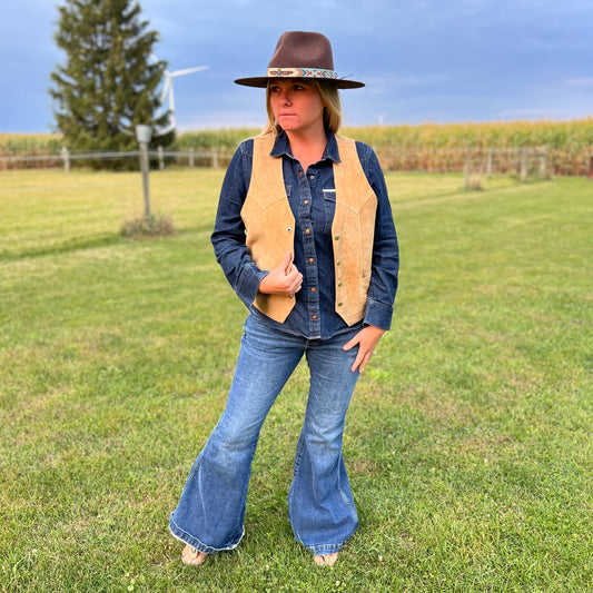 Vintage Western Sears The Leather Shop Suede Vest with Hand Drawn and Burned Horse Design