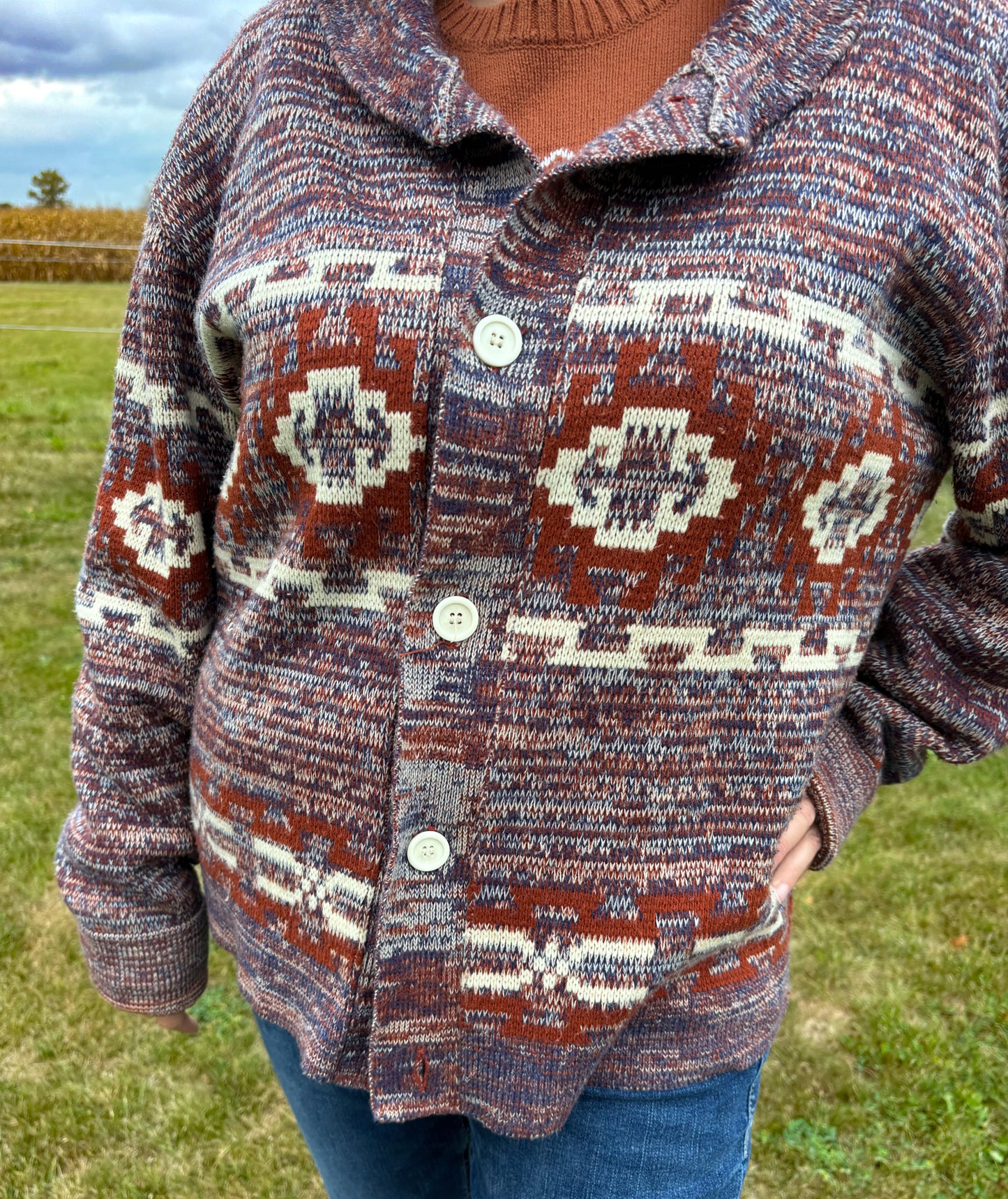 Vintage Western Men’s Karman Outerwear Tribal Cardigan Sweater | Made in Taiwan R.O.C.