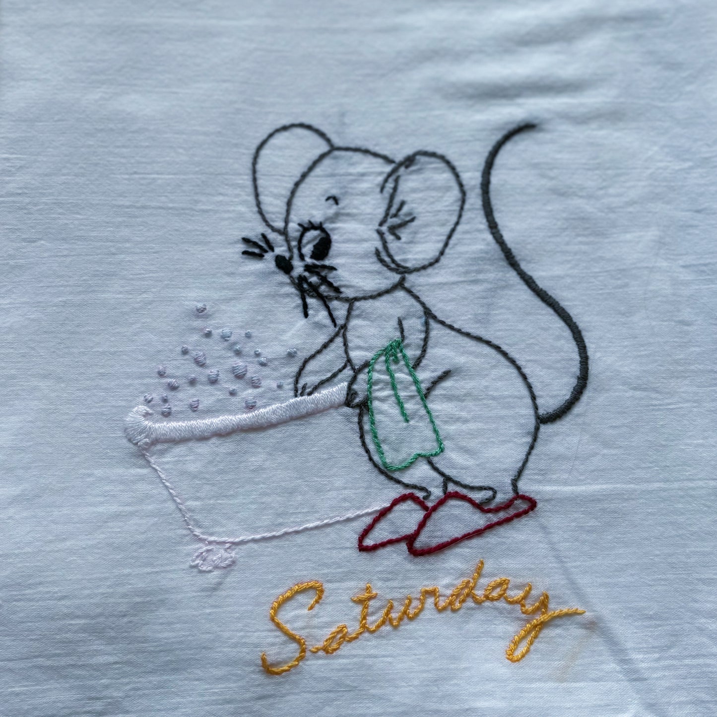 Vintage White Cotton Embroidered Days of the Week Tea Towel