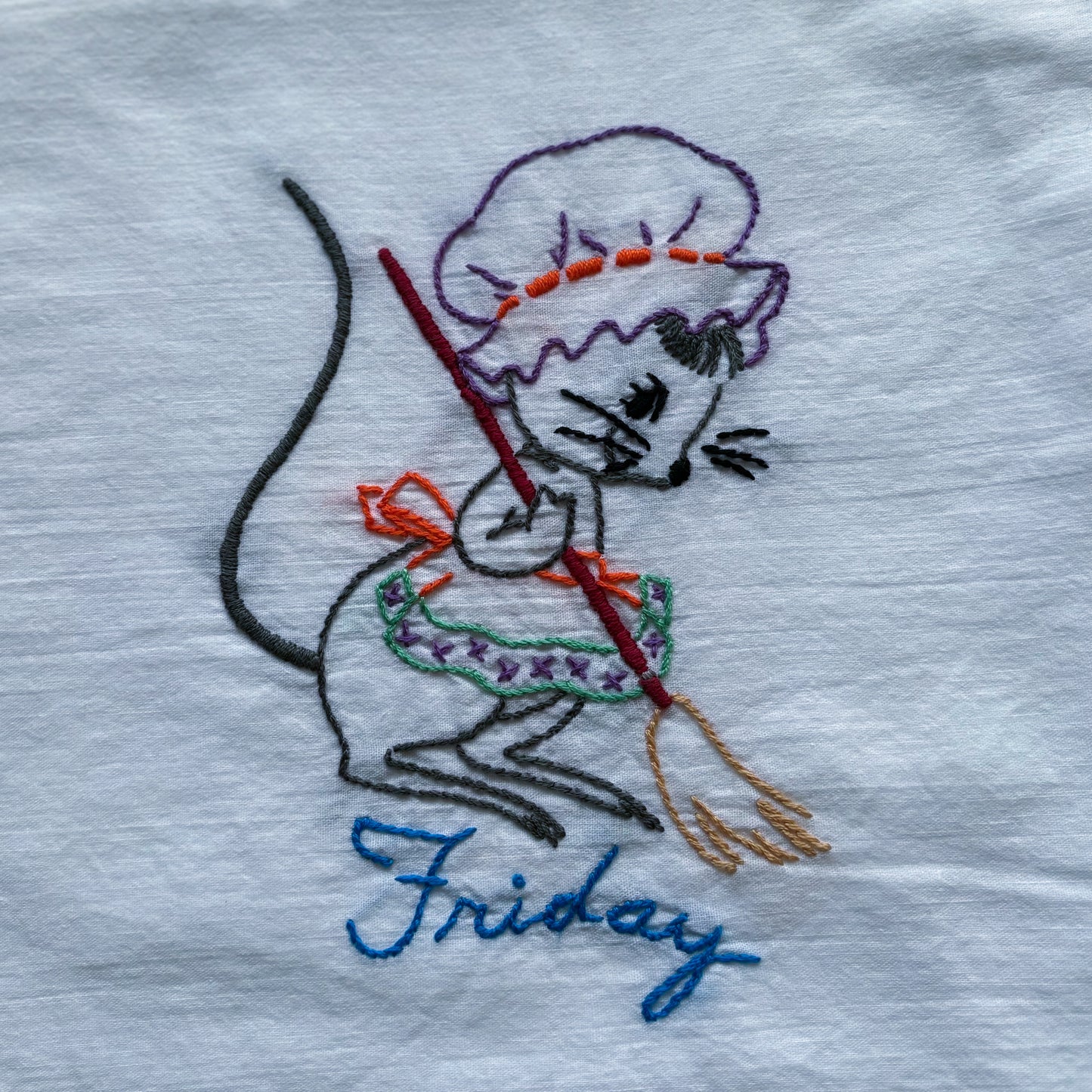 Vintage White Cotton Embroidered Days of the Week Tea Towel